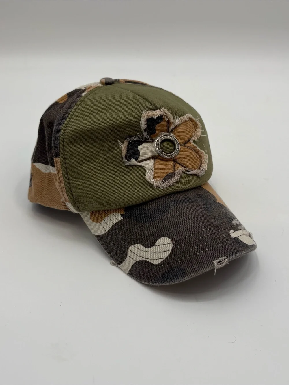 Olive & Brown Camo Baseball Cap with Flower Patch